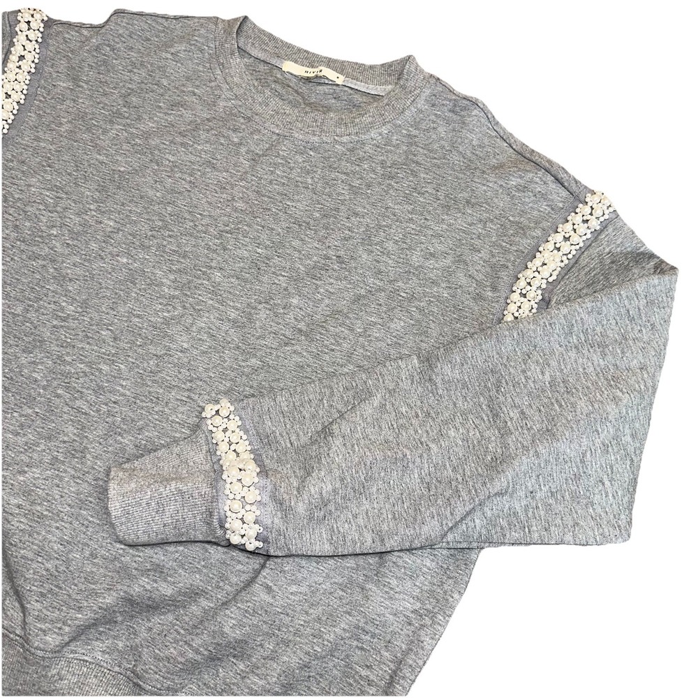 Rivir Pearl‎ Embellished Gray Crewneck Sweatshirt Holiday Stretch Women's M $90